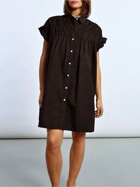 Black Button-Front Short Sleeve Shift Dress